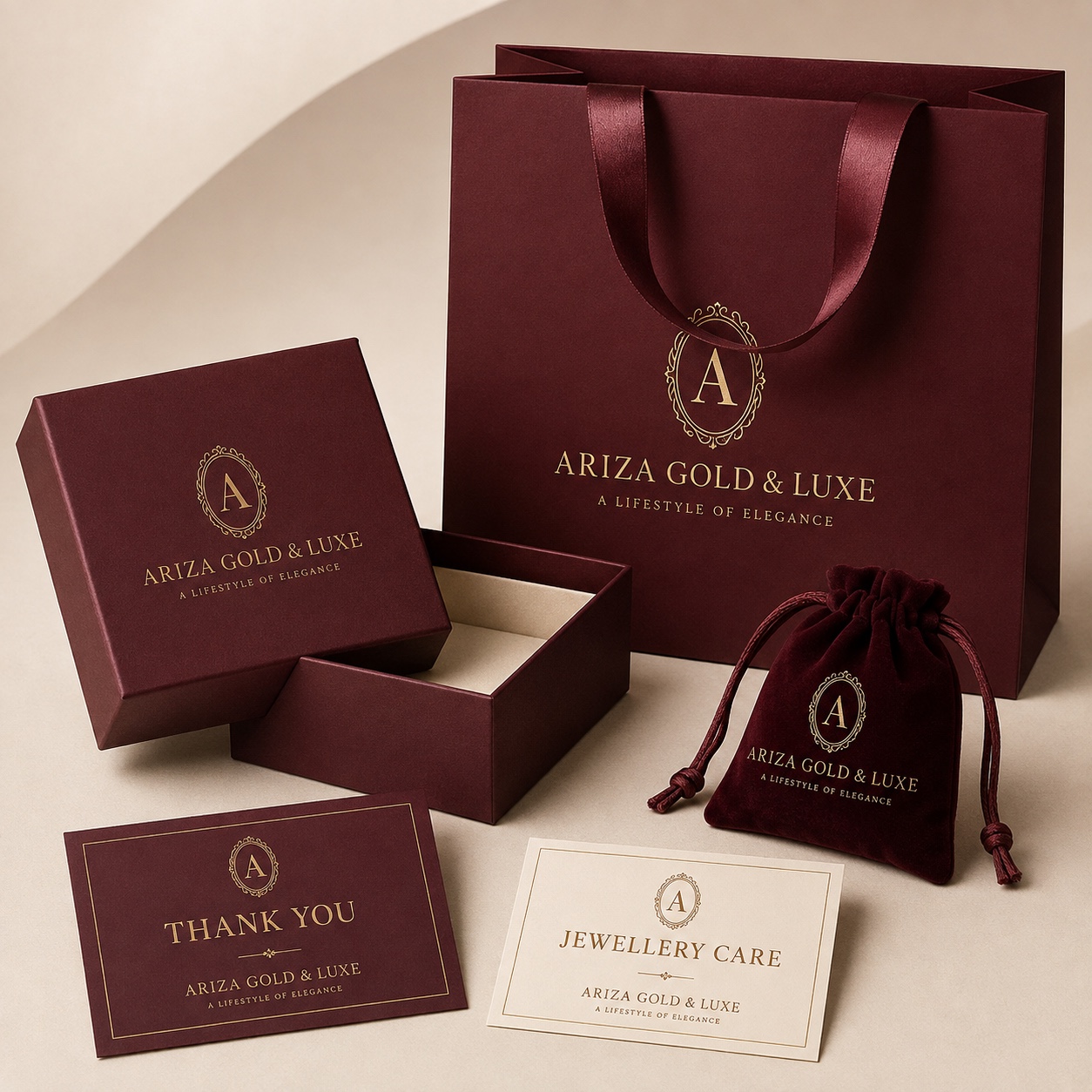 Burgundy Ariza Gold and Luxe jewellery packaging